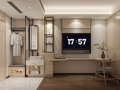Modern Hotel Room Interior With Wardrobe Bathrobe Mirror TV Sink And Wooden Floor 3d model