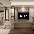 Modern Hotel Room Interior With Wardrobe Bathrobe Mirror TV Sink And Wooden Floor