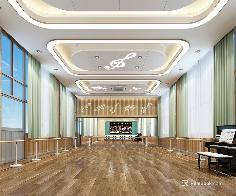 Functional Wooden Shoe Bench in Music Room with Wooden Floor Piano and Music Notes 3d model 