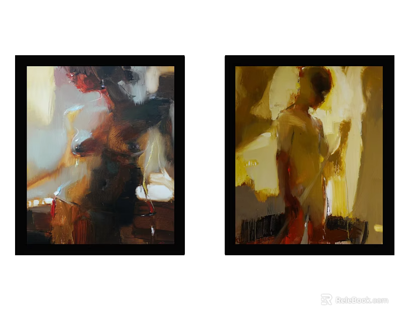 Abstract Figure Oil Paintings In Warm Tones With Two Framed Artworks 3d model 