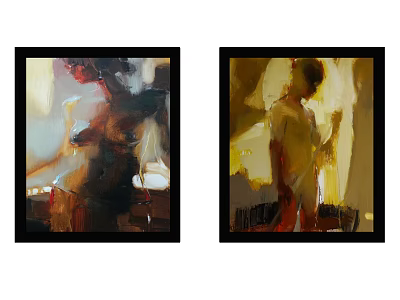 Abstract Figure Oil Paintings In Warm Tones With Two Framed Artworks 3d model
