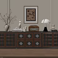 Traditional Wooden TV Stand With Decorative Drawers Vase Sculpture And Wall Art