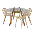Modern Dining Table Set With Wooden Top Black Light Colored Chairs Red Yellow Accents