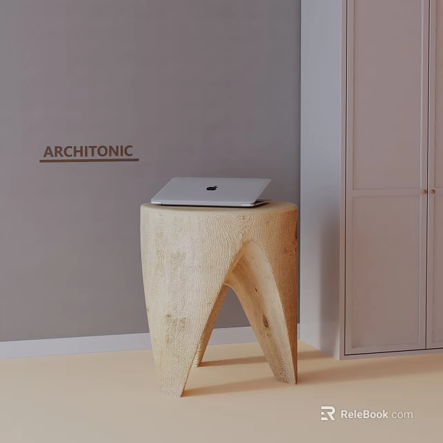 Light Wooden Side Table with Laptop in Modern Interior Space Featuring Gray Wall and Cabinet 3d model 