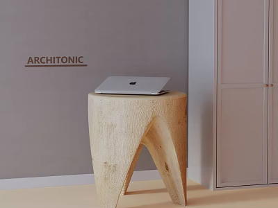 Light Wooden Side Table with Laptop in Modern Interior Space Featuring Gray Wall and Cabinet 3d model