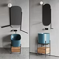 Cylindrical Blue Washbasin on Black Metal Stand with Grey Wall Background