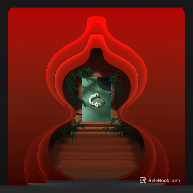 Red Gourd Shaped Window Showcase Interior With Stairs Green Plants And Circular Decoration 3d model 