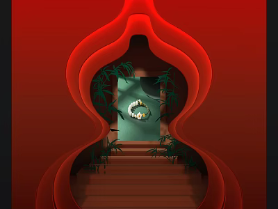 Red Gourd Shaped Window Showcase Interior With Stairs Green Plants And Circular Decoration 3d model
