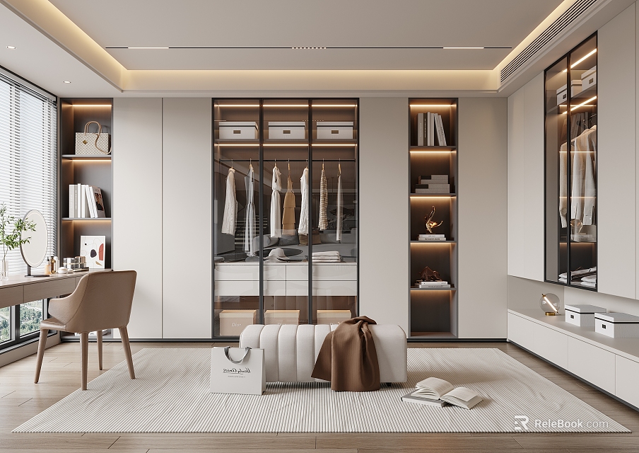 Modern Walk In Closet Interior With Glass Doors Storage And Bench 3d model 