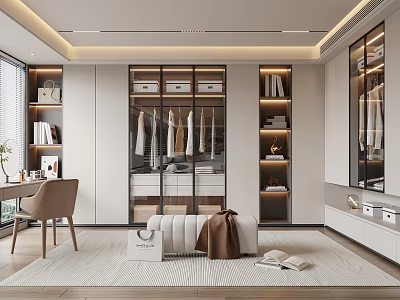 Modern Walk In Closet Interior With Glass Doors Storage And Bench 3d model