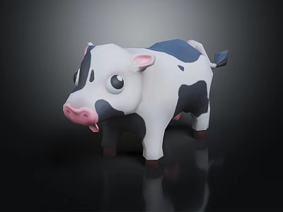 Black White 3D Cartoon Cow Character With Big Eyes Pink Nose Blue Ears Tail 3d model