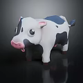 Black White 3D Cartoon Cow Character With Big Eyes Pink Nose Blue Ears Tail
