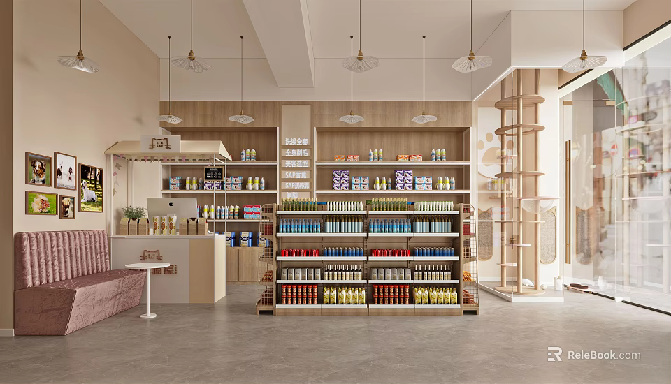 Modern Mall Store Interior With Wooden Shelves Bottled Products And Hanging Lights 3d model 