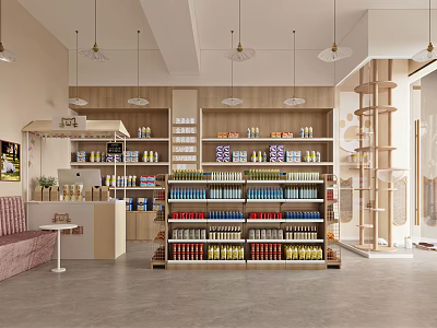 Modern Mall Store Interior With Wooden Shelves Bottled Products And Hanging Lights 3d model