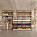 Modern Mall Store Interior With Wooden Shelves Bottled Products And Hanging Lights