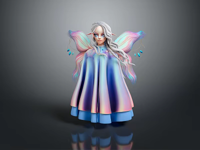 Game Movie Elf Character With Silver Long Hair Colorful Wings And Rainbow Cloak Dress 3d model