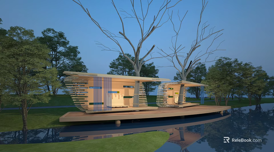 Modern Landscape Pavilions With Wooden Structure Warm Lighting Over Water And Green Trees 3d model 