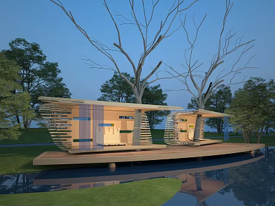 Modern Landscape Pavilions With Wooden Structure Warm Lighting Over Water And Green Trees 3d model