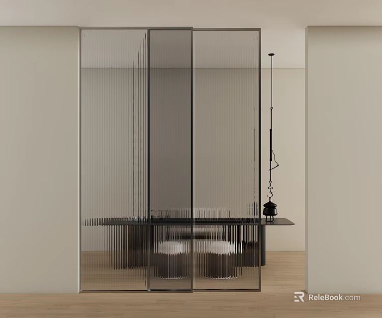 Modern Sliding Glass Door With Black Frame In Indoor Space With Wooden Floor And Table 3d model 