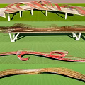 Modern Bridge Designs Featuring Curved Red Structures Wooden Elements And White Pillars 3d model