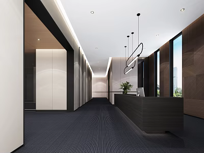 Elegant Modern Hotel Lobby With Spacious Interior Reception Desk Hanging Chandeliers And Dark Carpet 3d model