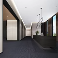 Elegant Modern Hotel Lobby With Spacious Interior Reception Desk Hanging Chandeliers And Dark Carpet