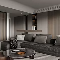 Modern Living Dining Room Interior With Grey Sofa Checkered Cushion Side Table And Wooden Walls