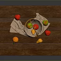 Fresh Fruits in Wicker Basket on Wooden Cutting Board with Scattered Oranges Apples and Pears