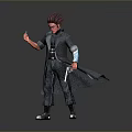 Man with red hair and red skin wearing black long coat gray pants silver boots holding gun in right hand green object in left hand gray background
