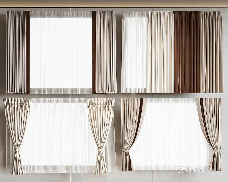 Stylish Curtain Styles With Sheer Voile Solid Beige Brown Fabrics And Tieback Details 3d model 