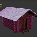 Rustic Log Cabin Building With Blue Metal Roof And Wooden Door Steps Structure