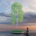 Weeping Birch Tree With Green Leaves On Small Island By Water Surface At Sunset