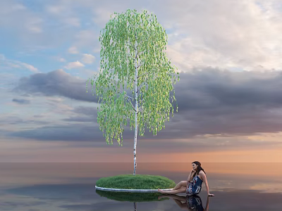 Weeping Birch Tree With Green Leaves On Small Island By Water Surface At Sunset 3d model