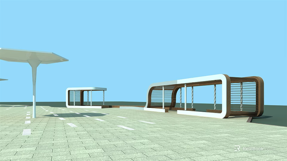 Modern Arched Outdoor Pergola Design With Sea View And Stone Tiled Ground 3d model 