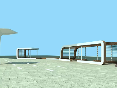 Modern Arched Outdoor Pergola Design With Sea View And Stone Tiled Ground 3d model