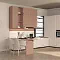 Modern Kitchen Interior With Pink And White Cabinets Glass Front Storage And Dining Table