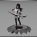 Anime Style Female Character With Black Hair Holding Weapon And Small Creature