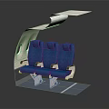 Modern Airplane Cabin Interior With Three Blue Seats And Curved Overhead Structure