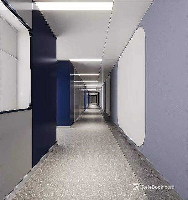 Modern Elevator Hallway Interior Design With Blue White Walls And Light Colored Flooring 3d model