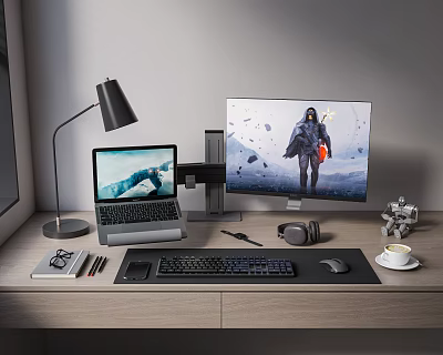 Laptop and Monitor Setup on Modern Desk with Keyboard Mouse Headphones and Coffee Cup 3d model