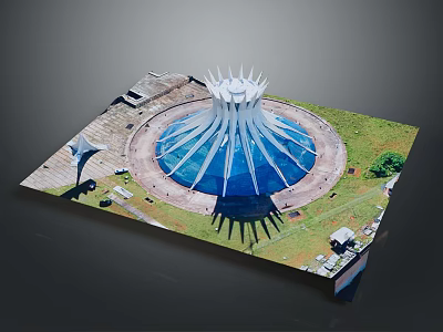 Iconic White Spiked Building With Blue Dome In Circular Plaza And Green Surroundings 3d model