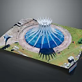 Iconic White Spiked Building With Blue Dome In Circular Plaza And Green Surroundings