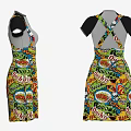Pinafore Dress With Black Short Sleeve T-Shirt Featuring Cartoon Cat Graphic And Vibrant Colorful Prints