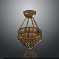 Golden Chandelier Featuring Round Base With Chains And Circular Frame Hanging Slender Decorative Strips