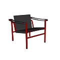 Modern Leisure Chair With Red Metal Frame And Black Leather Seat
