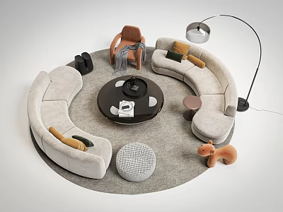 Modern Light Gray Sofa and Coffee Table Set With Decorative Pillows Floor Lamp and Ottoman 3d model