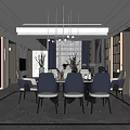 Modern Dining Room Interior With Pendant Lights Dining Table Chairs And Large Windows 3d model