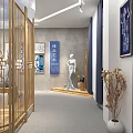 Modern Clothing Store Interior Featuring Golden Metal Frame And Blue Decor Clothing Displays