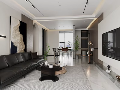 Modern Open Concept Living Dining Room Interior With Sofa Dining Table And Lighting 3d model