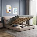Beige Double Bed with Underbed Storage Drawers Blue Wall Decorative Paintings and Nightstand